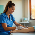 Student training for a career in phlebotomy at AJE College